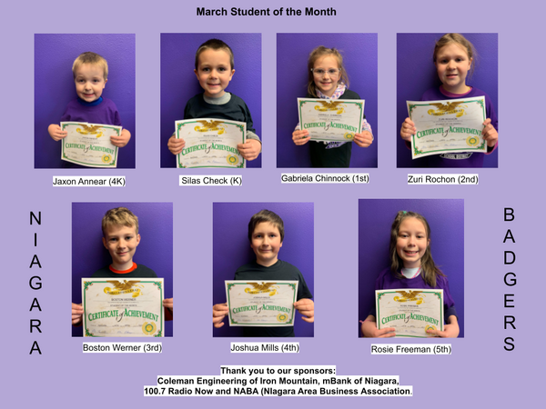 Pictured are 4K through 5th grade students of the month at the School District of Niagara for March.